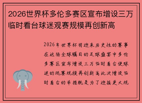 2026世界杯多伦多赛区宣布增设三万临时看台球迷观赛规模再创新高 2026世界杯多伦多赛区宣布增设三万临时看台球迷观赛规模再创新高