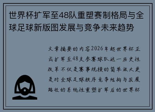 世界杯扩军至48队重塑赛制格局与全球足球新版图发展与竞争未来趋势