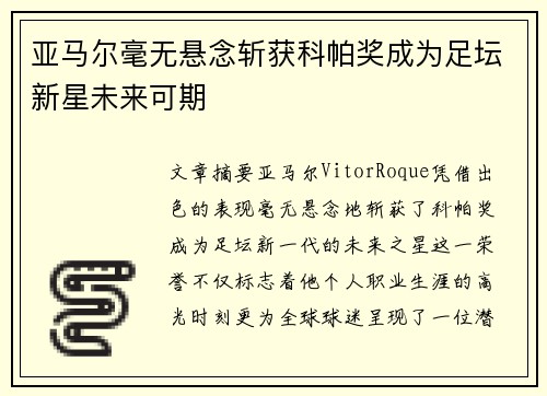 亚马尔毫无悬念斩获科帕奖成为足坛新星未来可期 亚马尔毫无悬念斩获科帕奖成为足坛新星未来可期